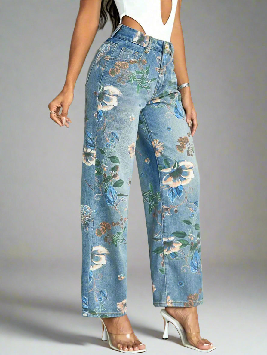 RetroFlair - Hoge Taille Bloemen Jeans