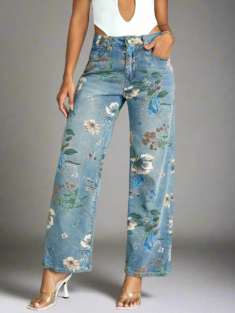 RetroFlair - Hoge Taille Bloemen Jeans