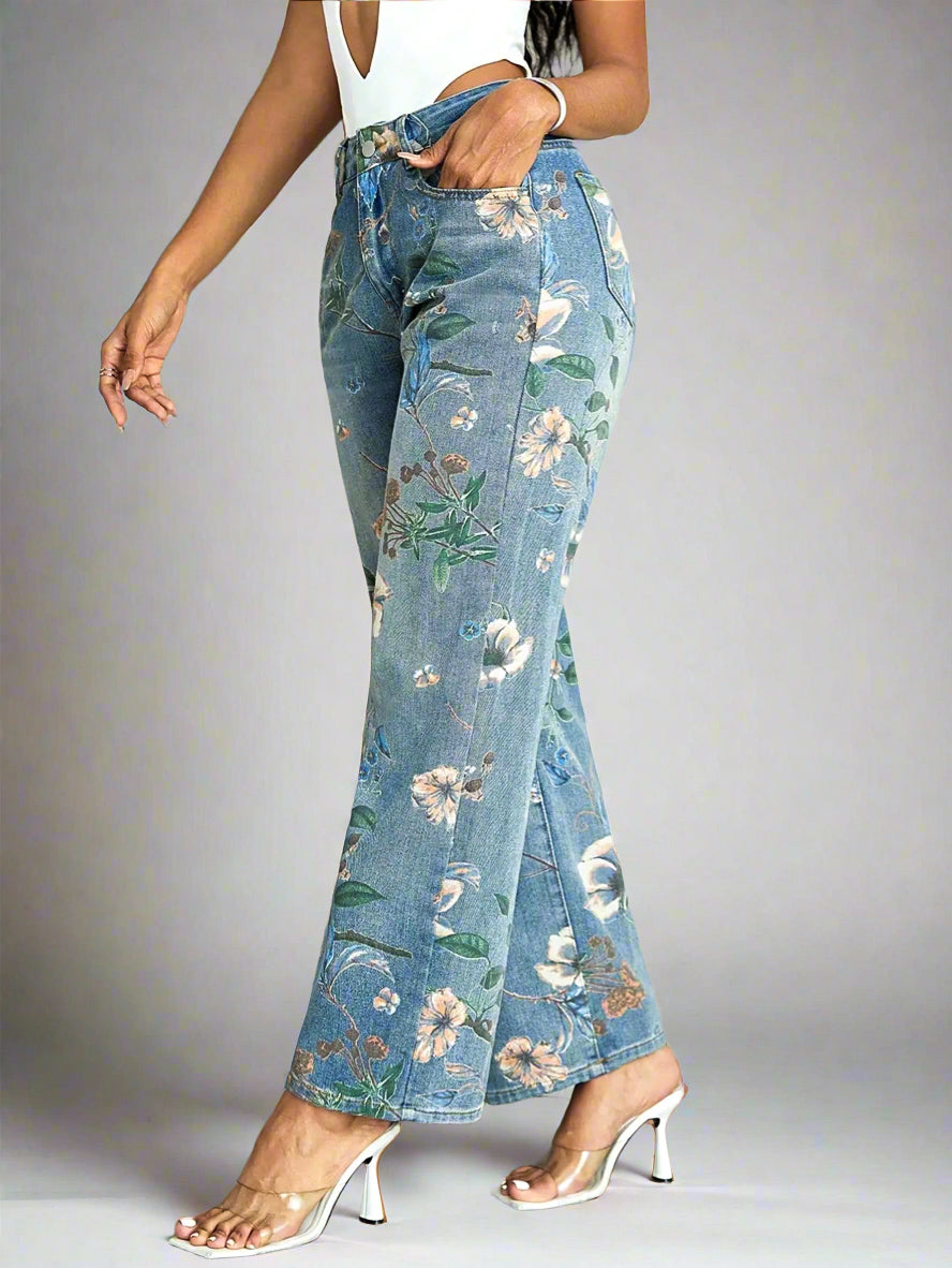 RetroFlair - Hoge Taille Bloemen Jeans