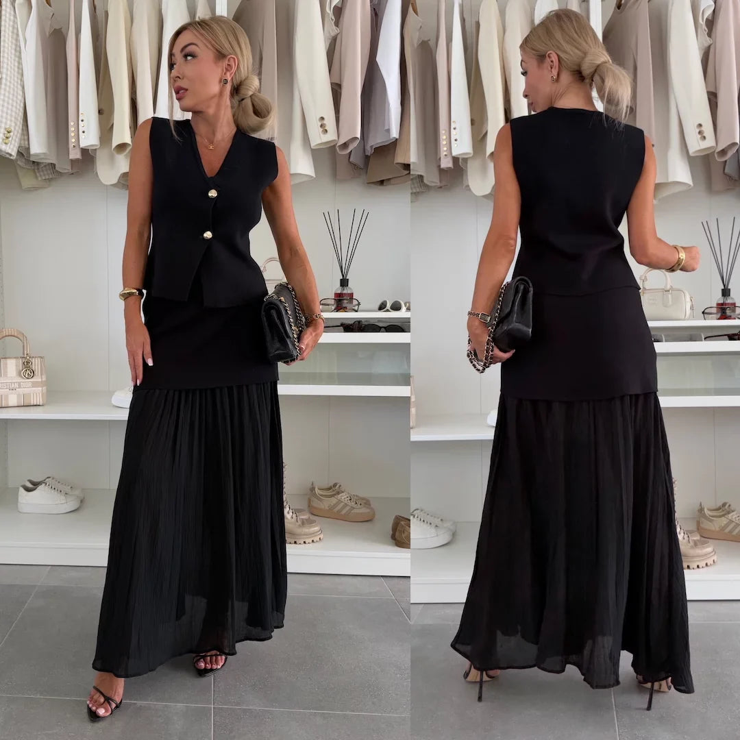 VogueVista - V-hals Vest & Plooirok Set