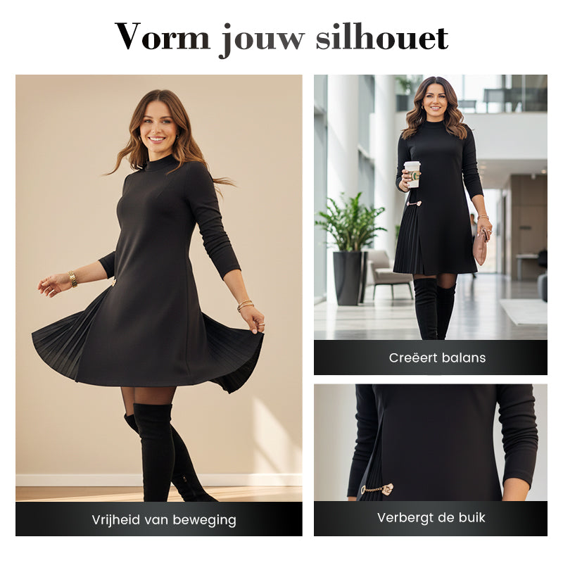Élanique™ – Elegante Damesjurk met Lange Mouwen & Plissé Details