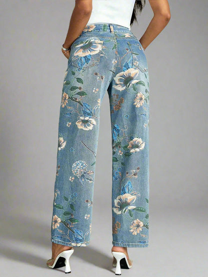RetroFlair - Hoge Taille Bloemen Jeans