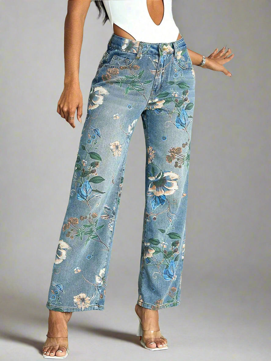 RetroFlair - Hoge Taille Bloemen Jeans