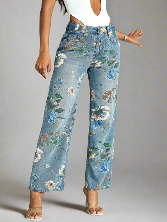 RetroFlair - Hoge Taille Bloemen Jeans
