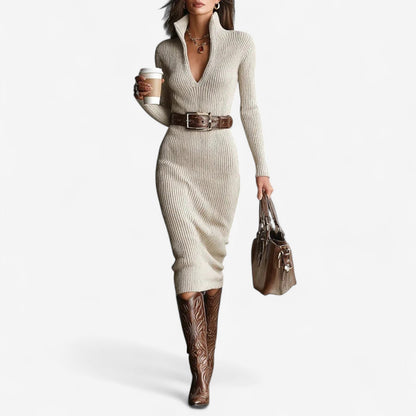 Zanvéra™ | Midi-jurk met ribbelpatroon en elegante riem