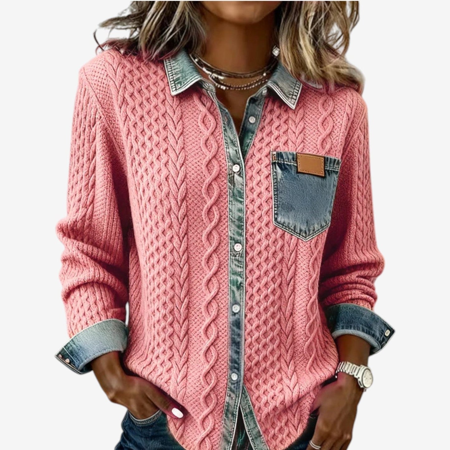 Norvello™ | Getextureerde trui met denimdetails