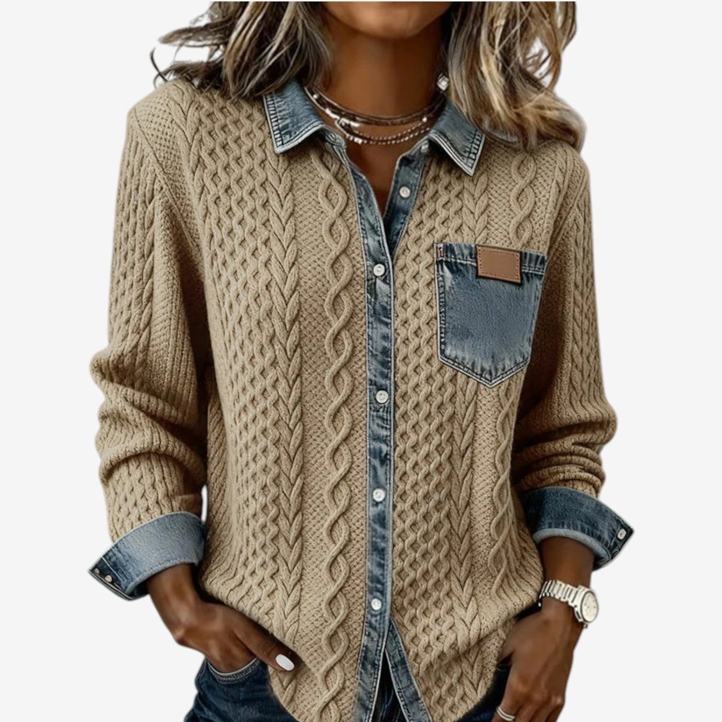 Norvello™ | Getextureerde trui met denimdetails