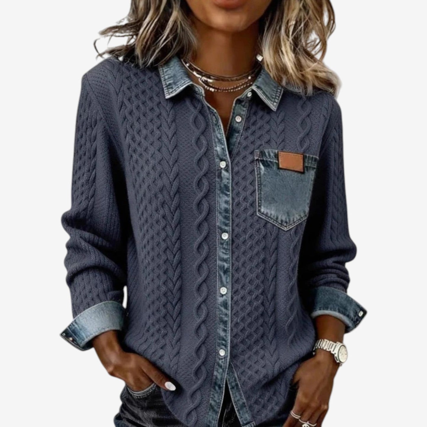 Norvello™ | Getextureerde trui met denimdetails